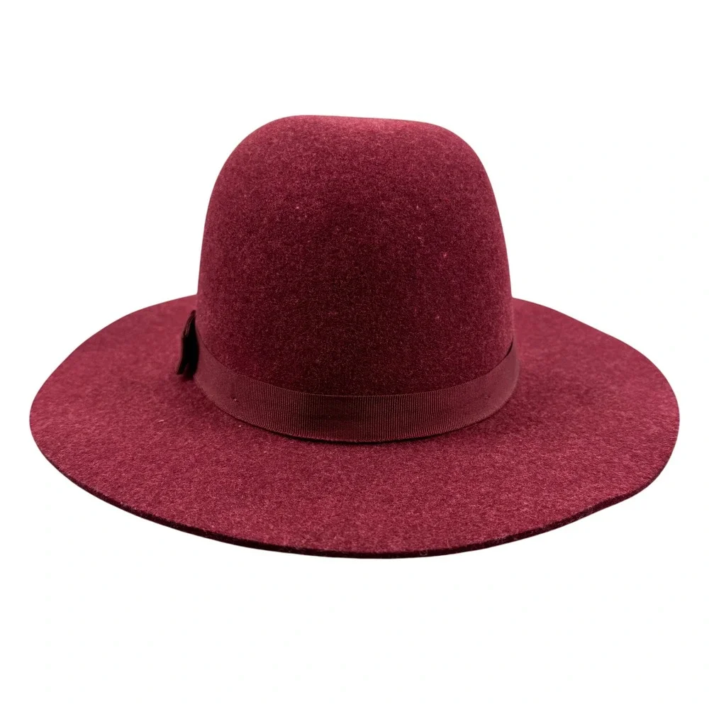 Brixton Wide Brim Wool Round‎ Top Hat Womens Small Burgundy/Wine Felt Ribbon Bow